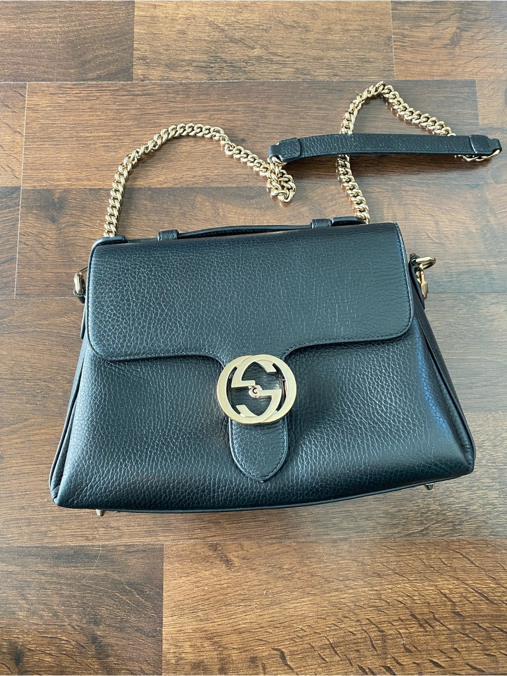 Gucci Black Leather Shoulder Bag with Gold Hardware and Chain